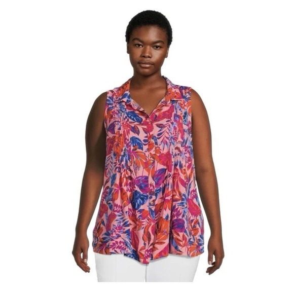 Terra & Sky Tops - Terra & Sky Pintuck Camp Shirt Floral Sleeveless Plus Size Sz‎ 4X
